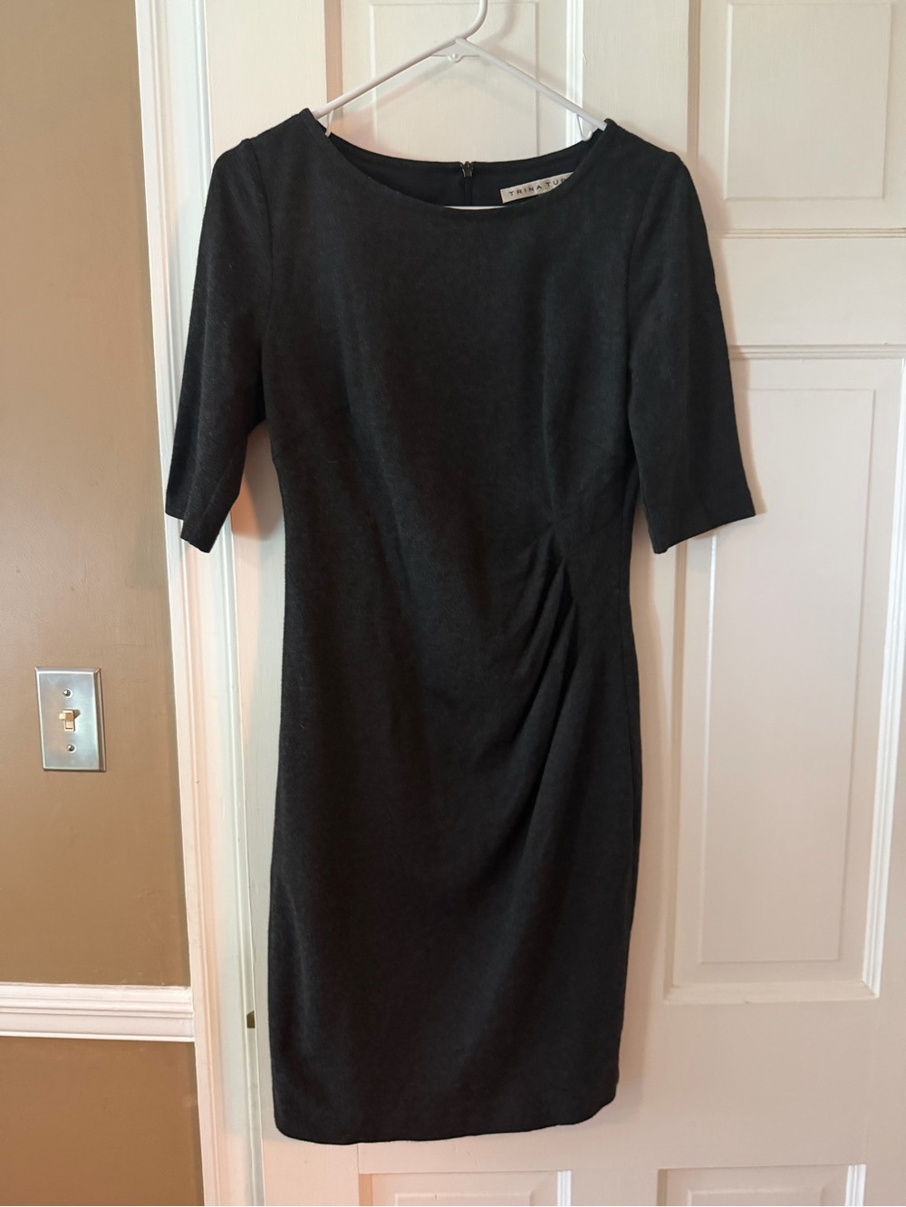 Trina Turk Dark Gray Midi Dress with Side Pleat Detail